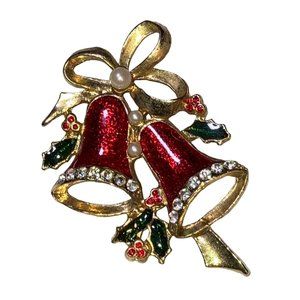 Christmas Brooch Pin Red Bells Green Holly Leaves Rhinestones